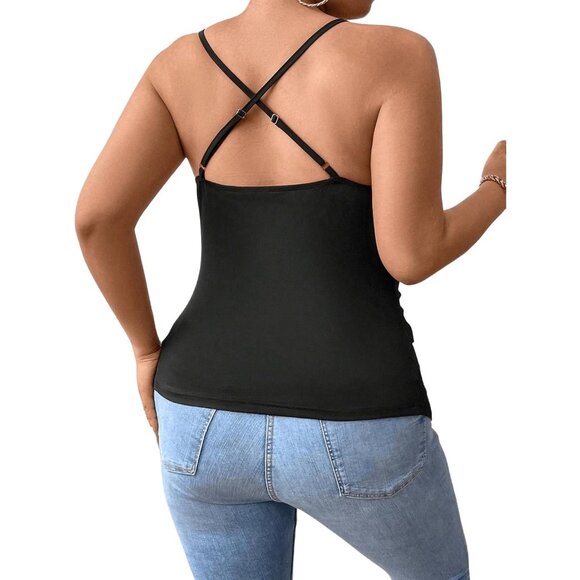 Women's Plus Size Lace Trim Ruched Cami Top Spaghetti Strap Draped Front - Picture 2 of 6